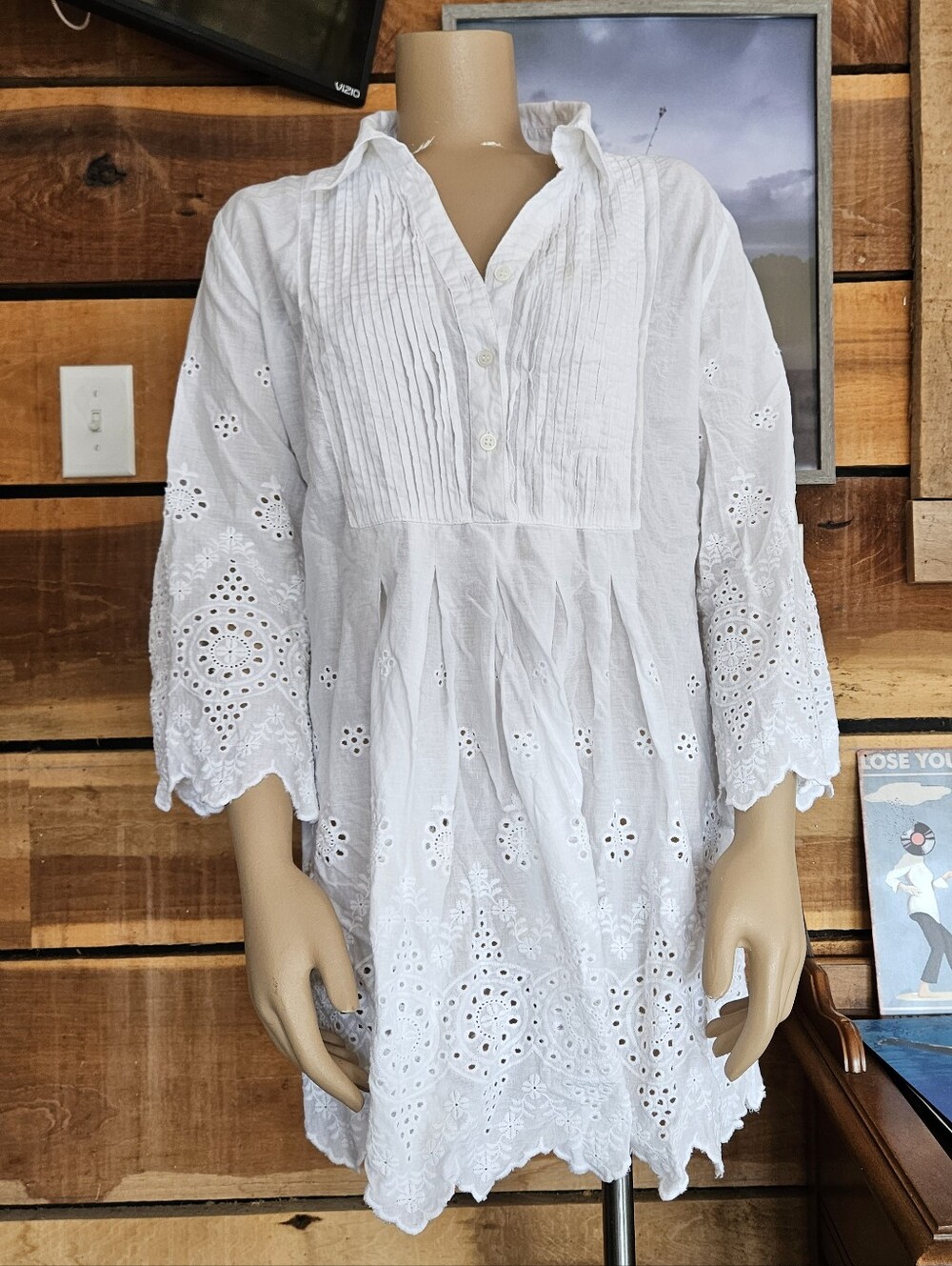 Parsley&Sage Nikki White Eyelet Embroidered Tunic Blouse Cottagecore Prairie XL
